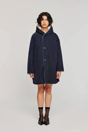 Reversible Mid - Length Jacket with Hood - Cream/Blue - The Collective Park City