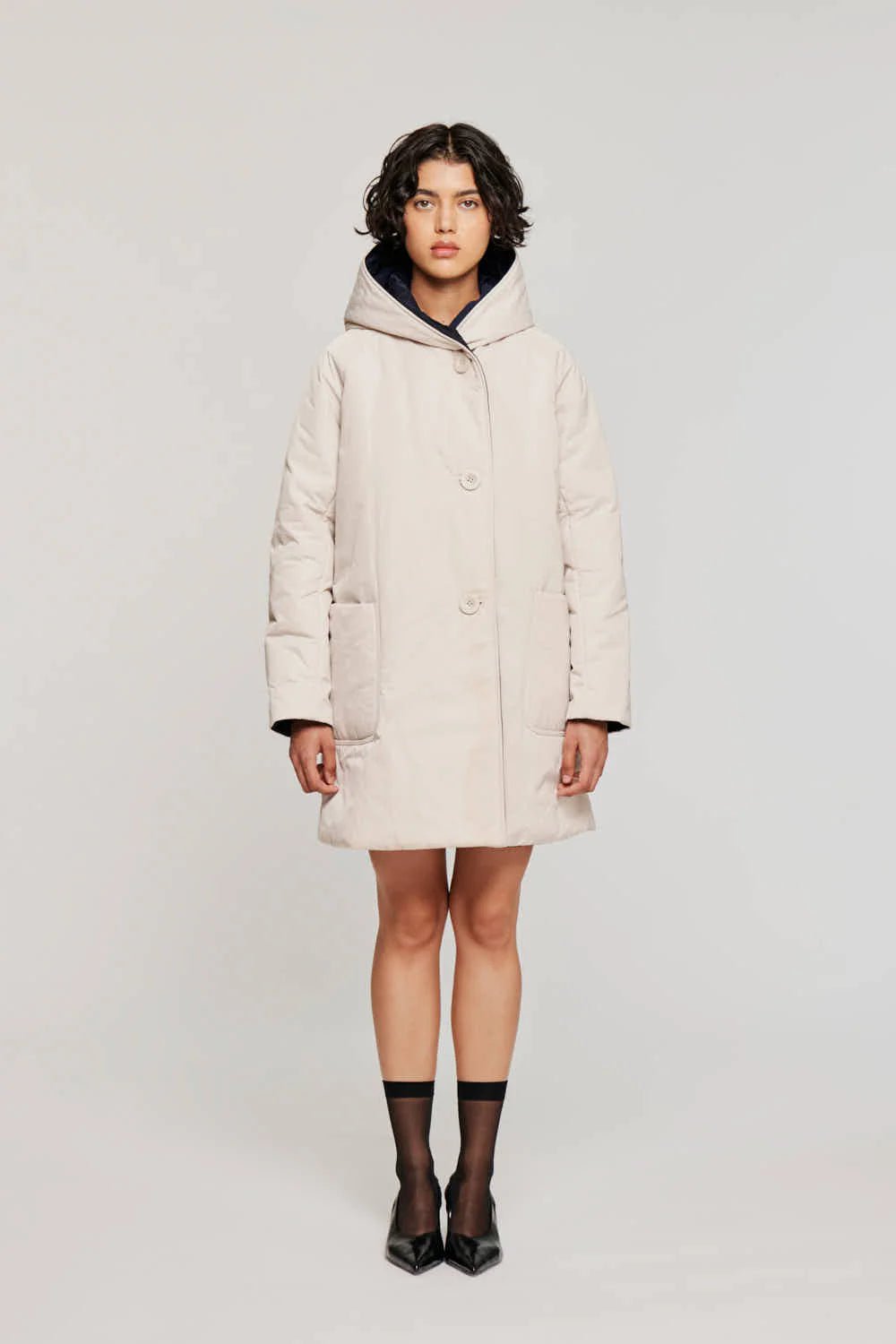 Reversible Mid - Length Jacket with Hood - Cream/Blue - The Collective Park City