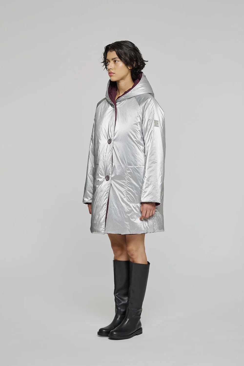 Reversible Mid - Length Jacket with Hood - Silver/Plum - The Collective Park City