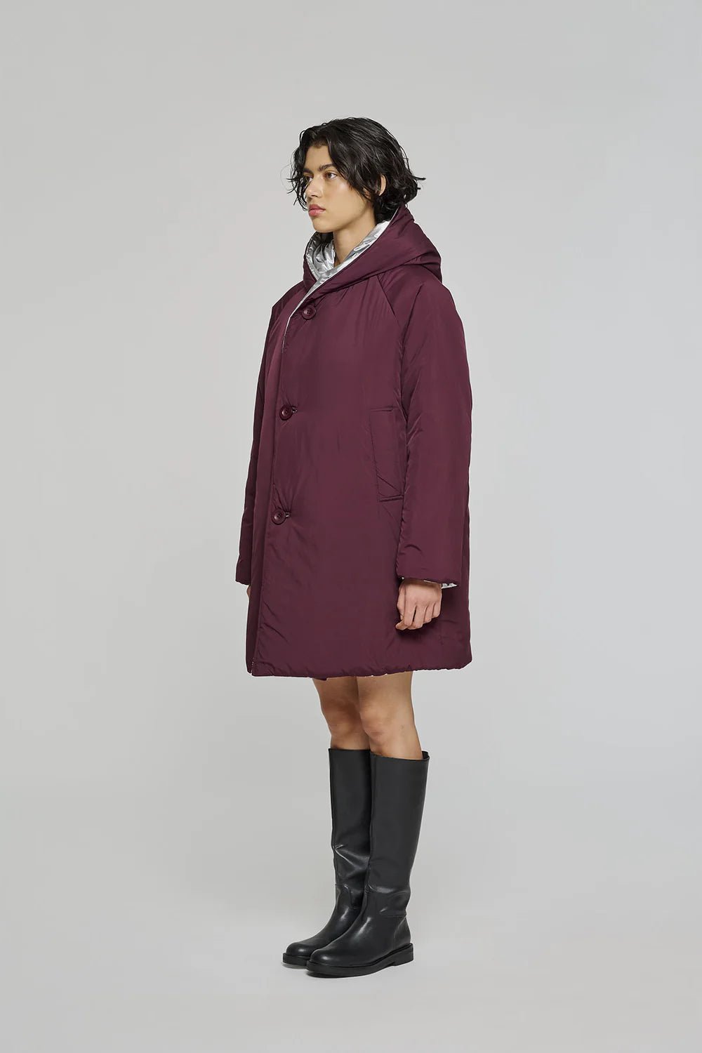 Reversible Mid - Length Jacket with Hood - Silver/Plum - The Collective Park City