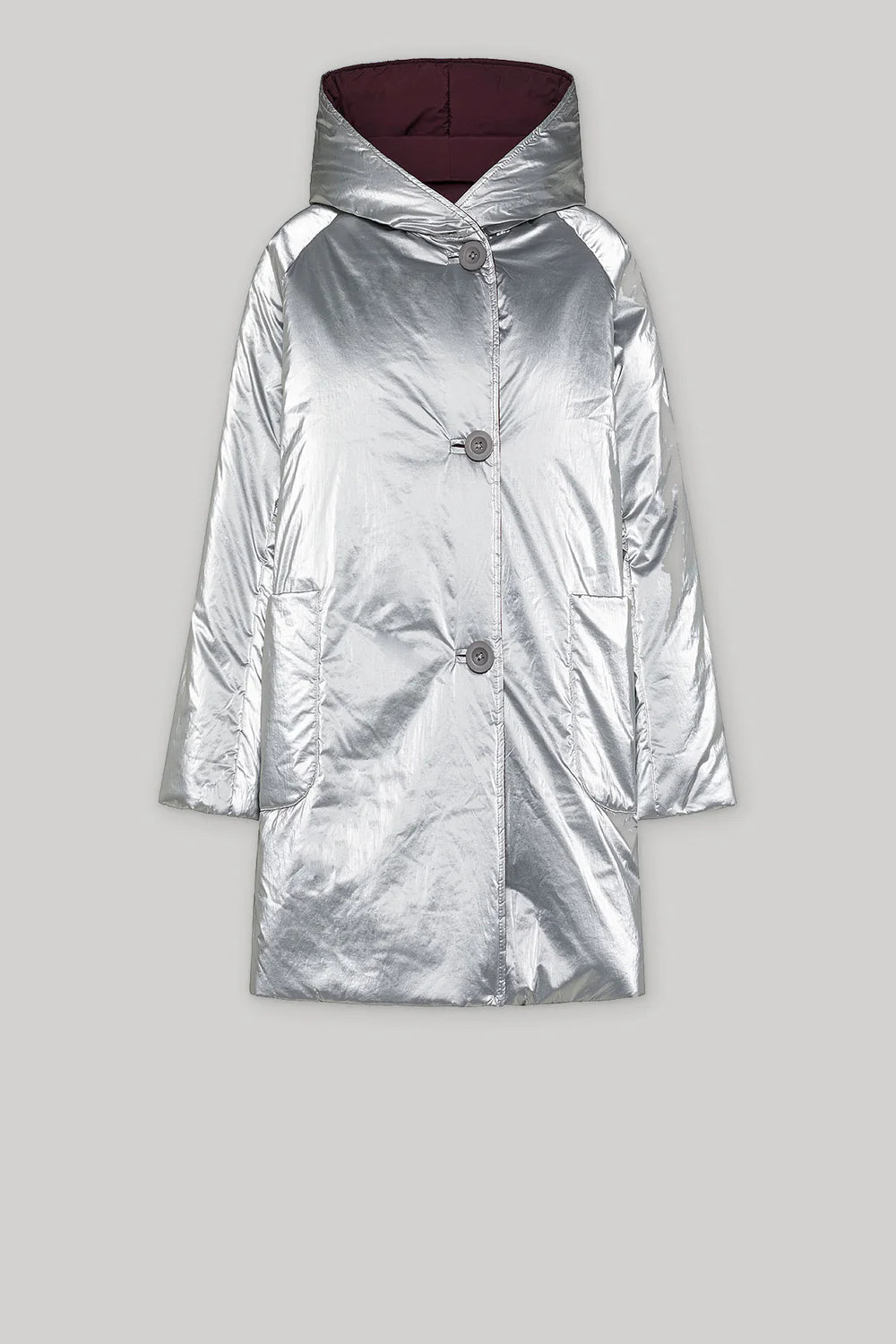 Reversible Mid - Length Jacket with Hood - Silver/Plum - The Collective Park City