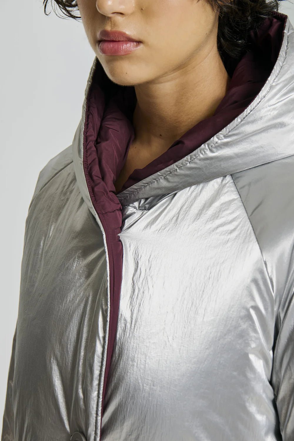 Reversible Mid - Length Jacket with Hood - Silver/Plum - The Collective Park City
