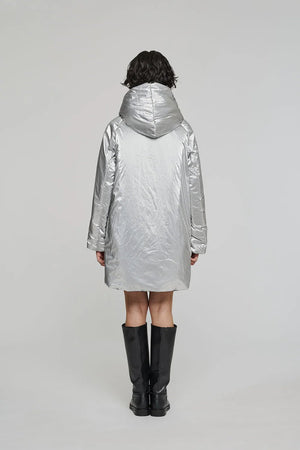 Reversible Mid - Length Jacket with Hood - Silver/Plum - The Collective Park City