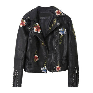Rivet Embroidery Leather Cropped Moto Jacket - The Collective Park City