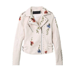 Rivet Embroidery Leather Cropped Moto Jacket - The Collective Park City