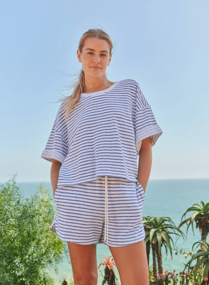 Rolled Sleeve T-Shirt - Optic White / Navy Stripe - The Collective Park City