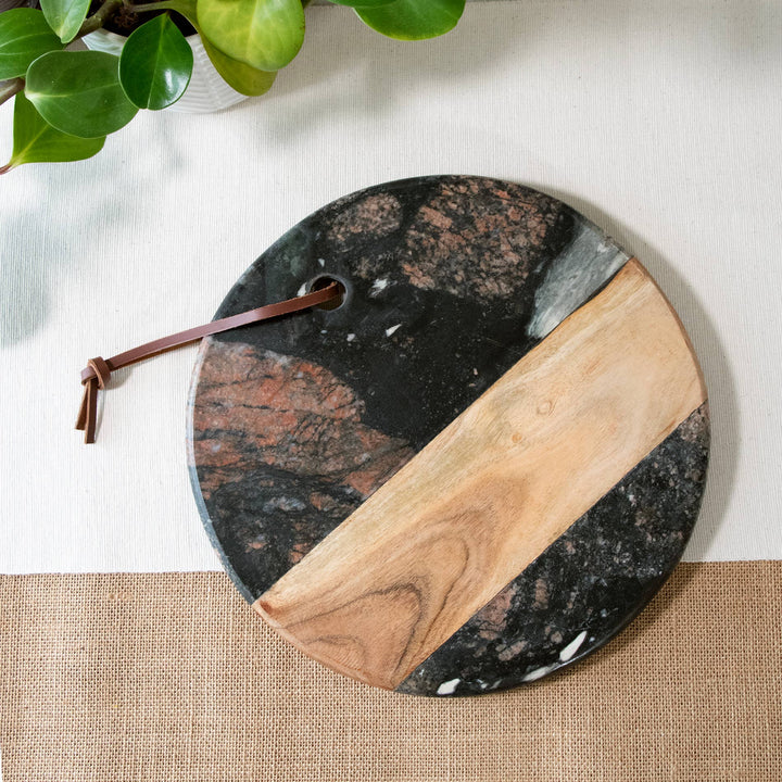 Round Marble &amp; Acacia Wood Charcuterie Board - The Collective Park City