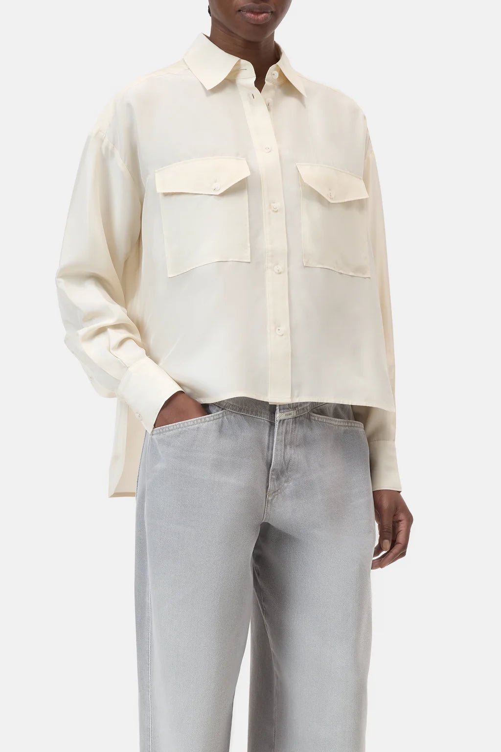 Silk Utility Button Down Shirt - Ecru - The Collective Park City