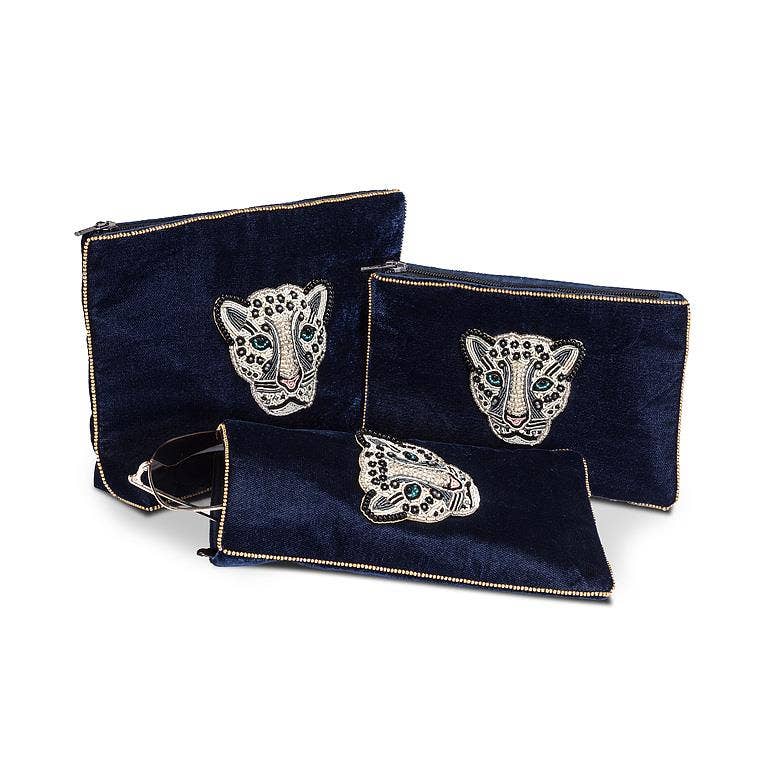 Small Velvet Pouch with Beaded Leopard - Navy Blue - The Collective Park City