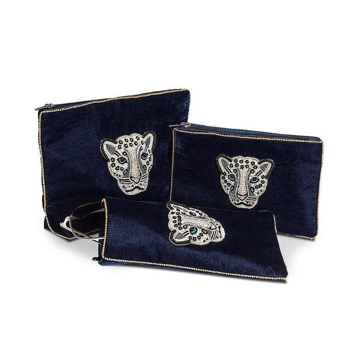 Small Velvet Pouch with Beaded Leopard - Navy Blue - The Collective Park City