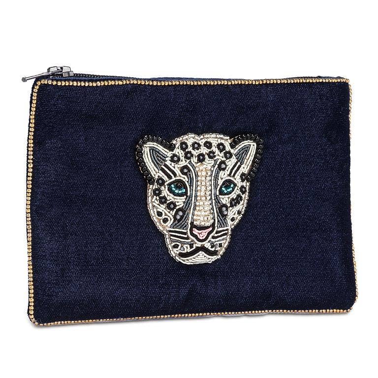 Small Velvet Pouch with Beaded Leopard - Navy Blue - The Collective Park City