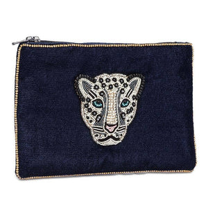 Small Velvet Pouch with Beaded Leopard - Navy Blue - The Collective Park City