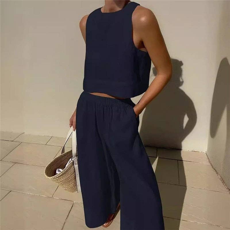 Solid Color Sleeveless Tank Top And Pants Set - The Collective Park City