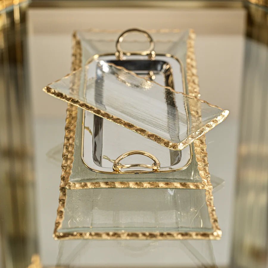 Textured Rectangle Tray w Jagged Gold Rim - 14.5" - The Collective Park City