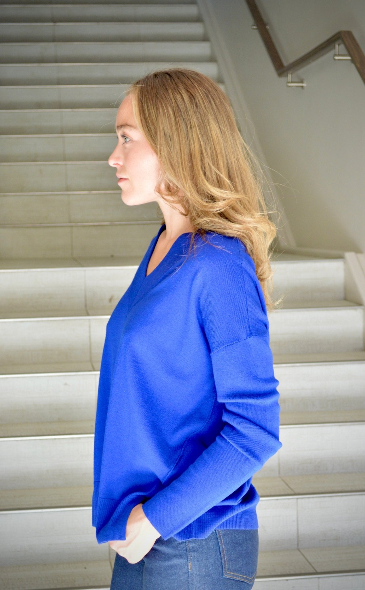 Thin V - Neck Wool Sweater - Royal Blue - The Collective Park City