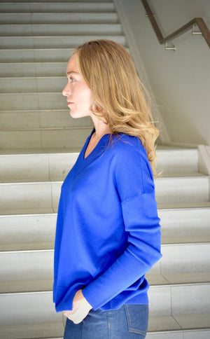 Thin V - Neck Wool Sweater - Royal Blue - The Collective Park City