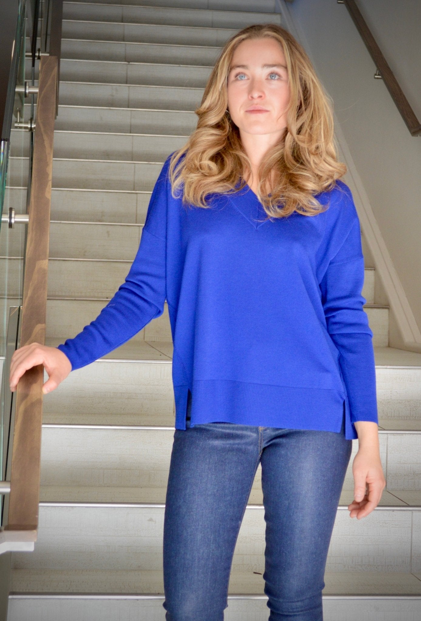 Thin V - Neck Wool Sweater - Royal Blue - The Collective Park City