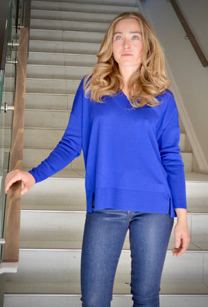 Thin V - Neck Wool Sweater - Royal Blue - The Collective Park City