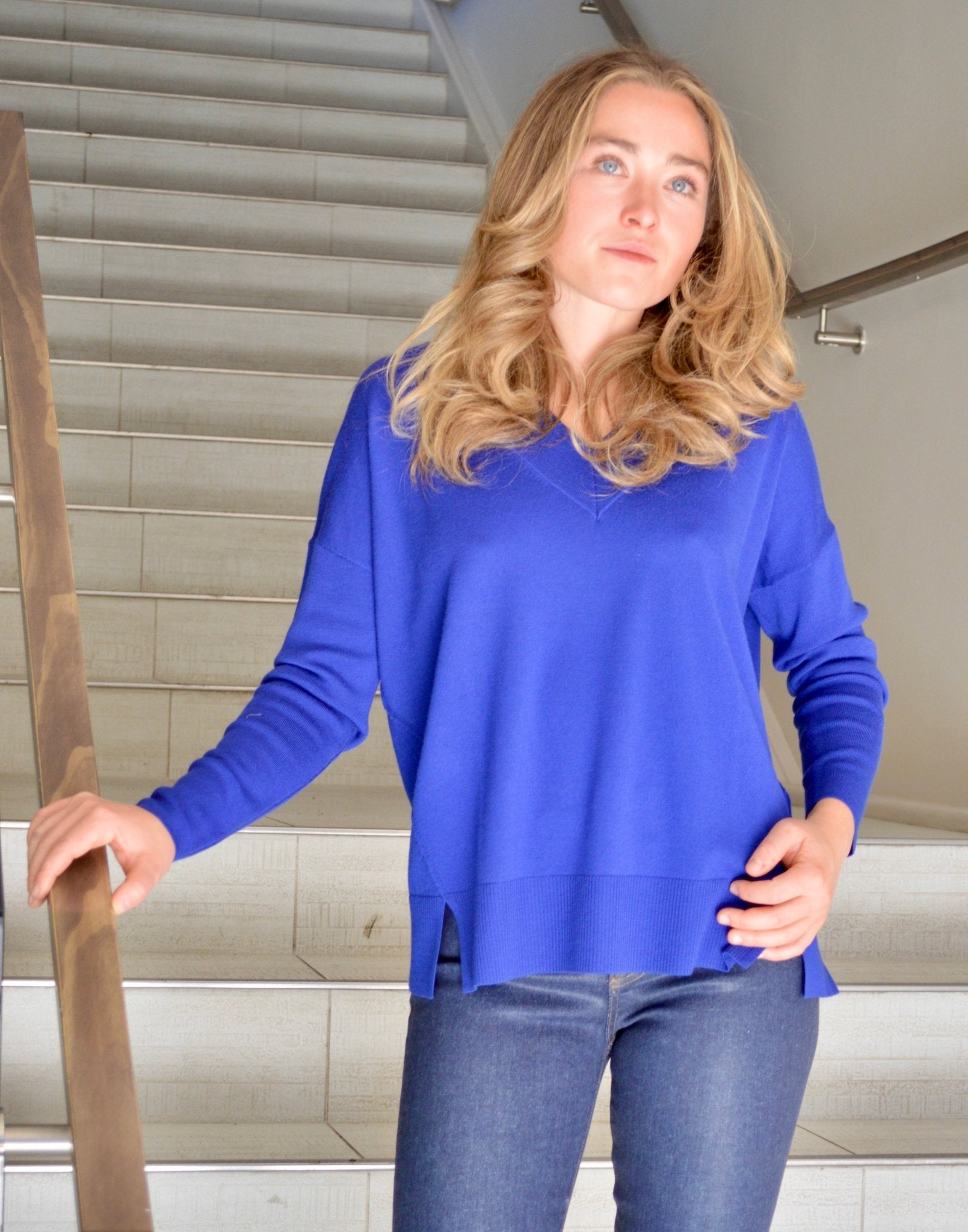 Thin V - Neck Wool Sweater - Royal Blue - The Collective Park City