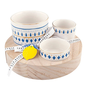 Trio Ceramic Bowls on Wood Base - Blue Pattern - The Collective Park City