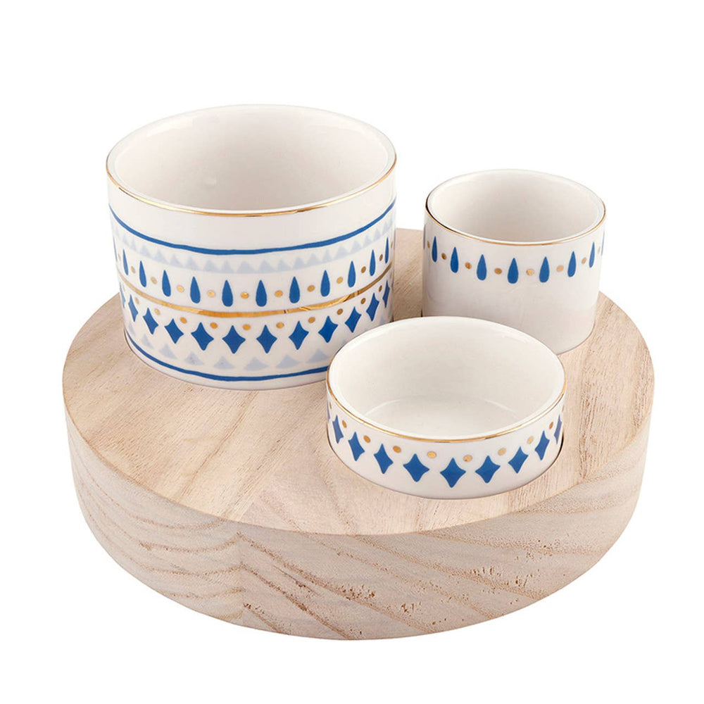 Trio Ceramic Bowls on Wood Base - Blue Pattern - The Collective Park City
