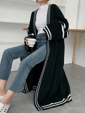 Urban Loose Striped Cardigan Coat Sweater - Black - The Collective Park City