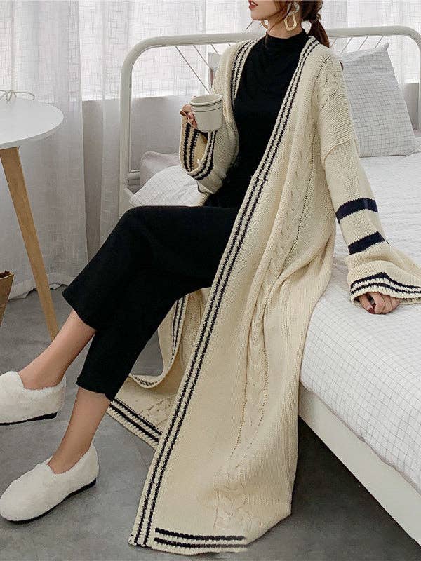 Urban Loose Striped Cardigan Coat Sweater: Cream Navy - The Collective Park City
