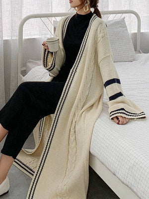 Urban Loose Striped Cardigan Coat Sweater: Cream Navy - The Collective Park City