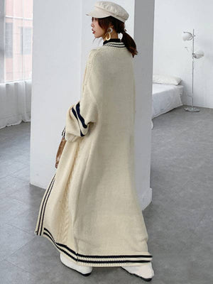 Urban Loose Striped Cardigan Coat Sweater: Cream Navy - The Collective Park City