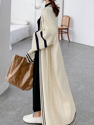 Urban Loose Striped Cardigan Coat Sweater: Cream Navy - The Collective Park City