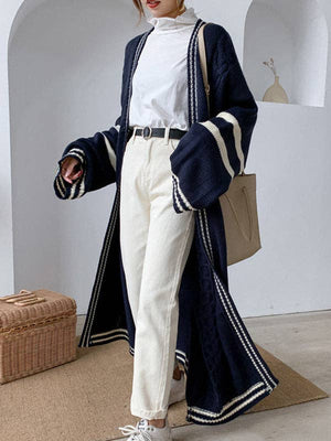 Urban Loose Striped Cardigan Coat Sweater - Deep Blue - The Collective Park City