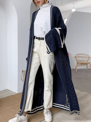 Urban Loose Striped Cardigan Coat Sweater - Deep Blue - The Collective Park City