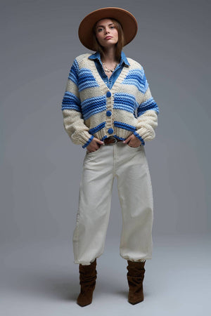 V - Neck Chunky Knit Striped Cardigan - The Collective Park City