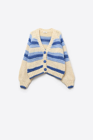 V - Neck Chunky Knit Striped Cardigan - The Collective Park City