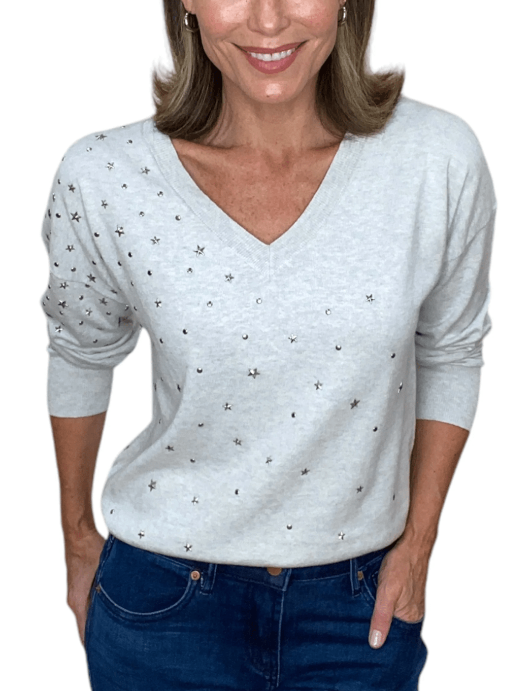 V - Neck Star Studded Sweater - The Collective Park City