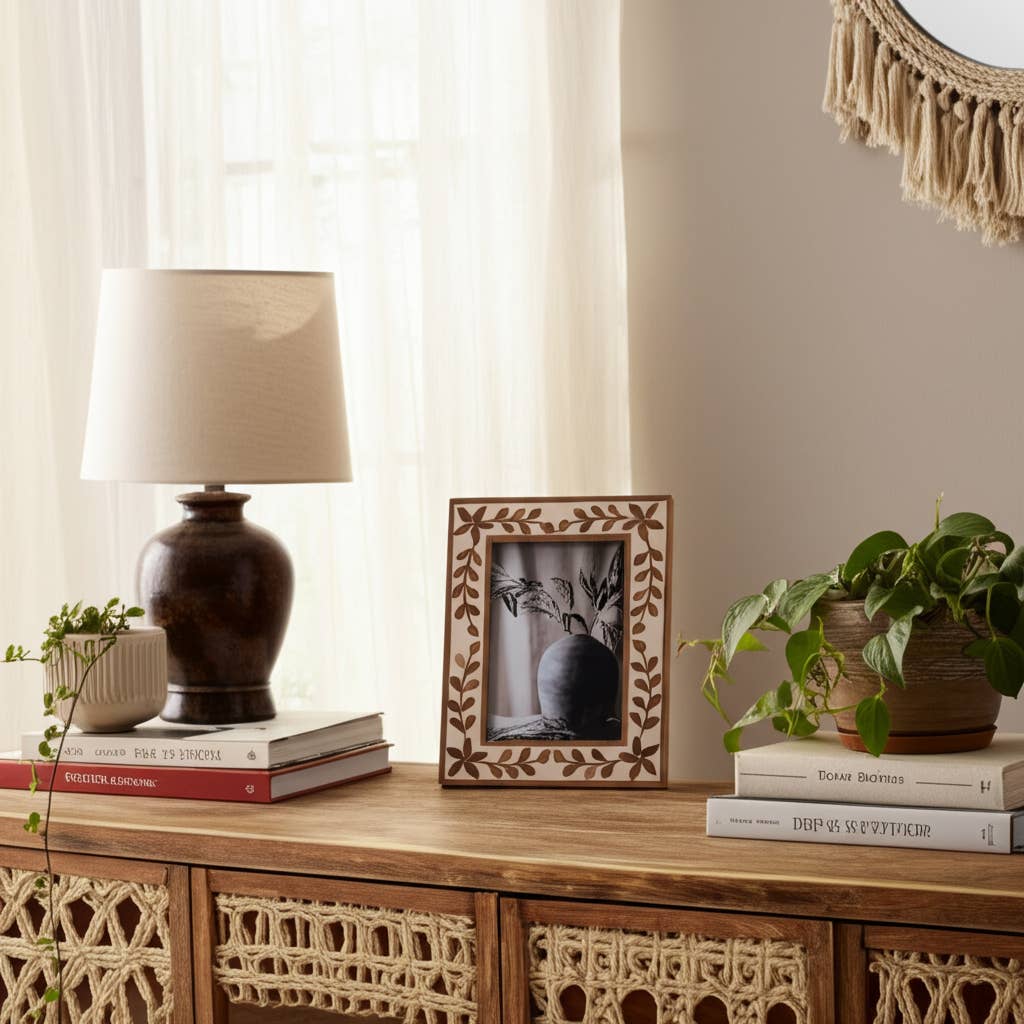 Wood Etched Leaf Inlay Vine Photo Frame - Brown, 5x7 in. - The Collective Park City