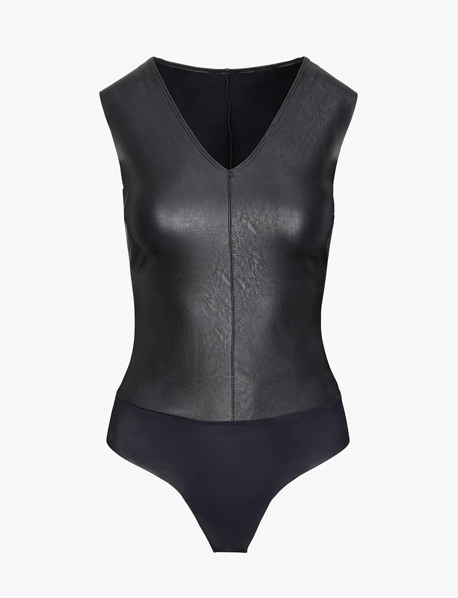 Faux Leather Deep-V Bodysuit