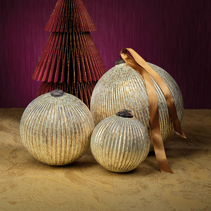 Antiq. Silver Ribbed Glass Ball Ornament - 9.5"