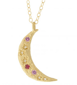 14k Crescent Moon Necklace with Pink Sapphires & Ruby